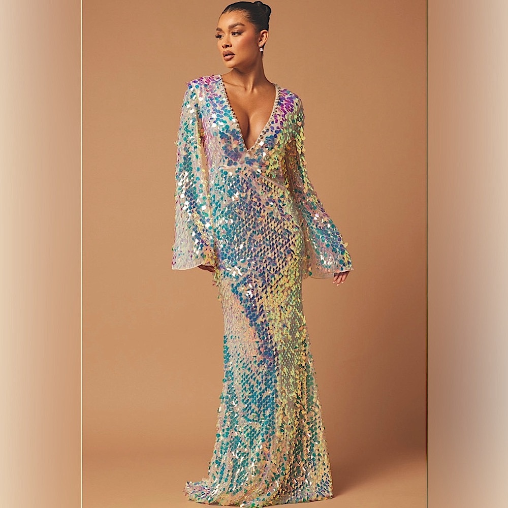 Fashion Nova “Kiara” Sequin Gown - Iridescent Sequins - Long bell sleeves-size M